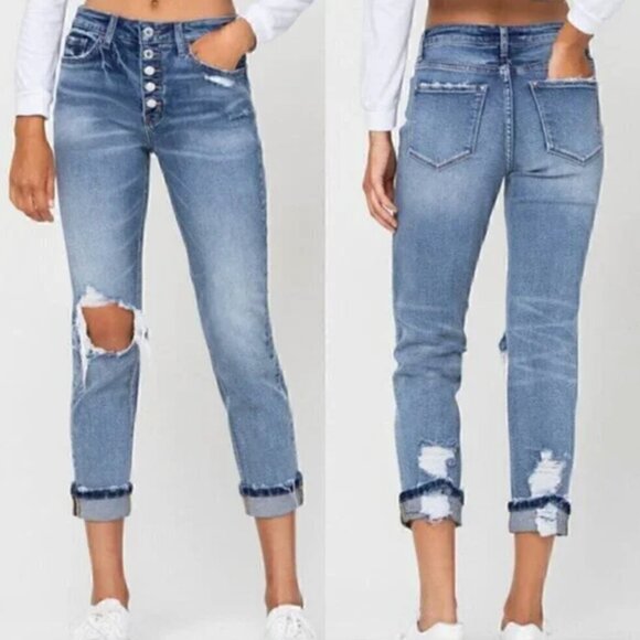 VERVET BY FLYING MONKEY Denim - VERVET BY FLYING MONKEY ALTAR'D STATE Daisy Distressed Boyfriend Jeans Cropped